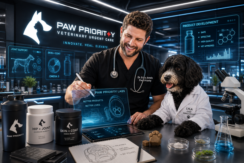 Pet products on veterinary clinic shelves — Paw Priority Los Angeles