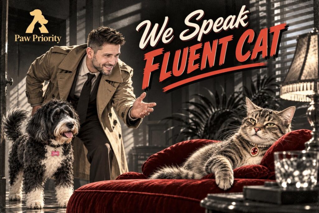 Film noir Paw Priority poster: detective Dr. Ezra Ameis calls an aloof gray cat while Lyla waits eagerly. We Speak Fluent Cat.