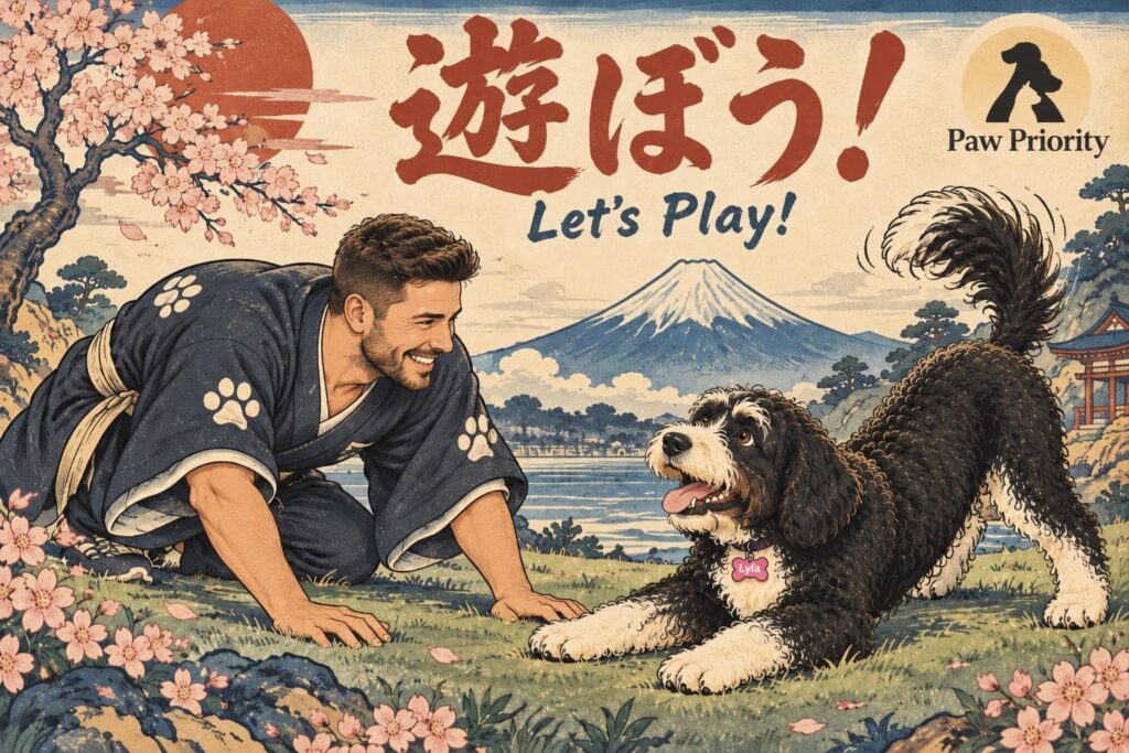 Japanese woodblock Paw Priority poster: Lyla play bows to Dr. Ezra Ameis beneath Mount Fuji. Let's Play!