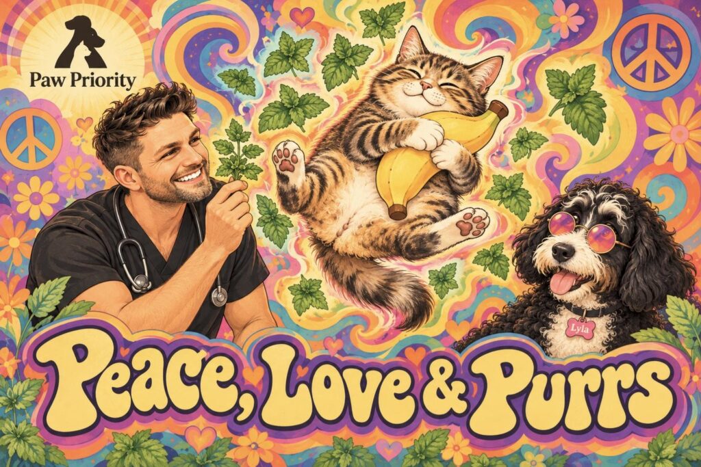 Psychedelic 1960s Paw Priority poster: Dr. Ezra Ameis holds catnip as a blissed-out tabby hugs a banana toy and Lyla wears tinted glasses. Peace, Love & Purrs.